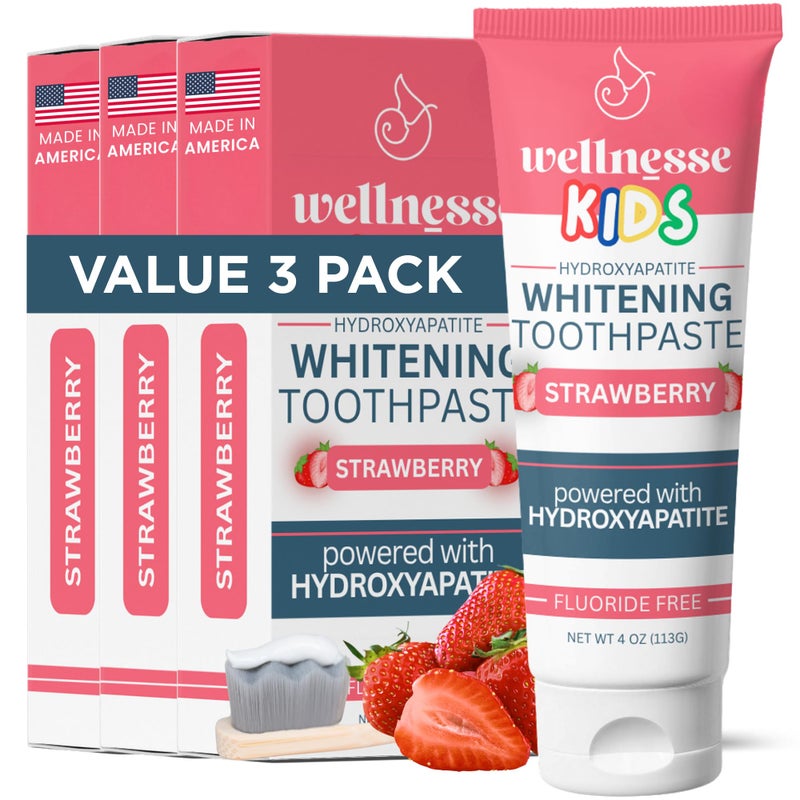 Wellnesse Kids Hydroxyapatite Toothpaste with Xylitol Fluoride Free Toddler Childrens Natural Toothpaste Freshens Breath SensoryFriendly Oral Care Vegan Strawberry Flavor 4 oz Pack of 3